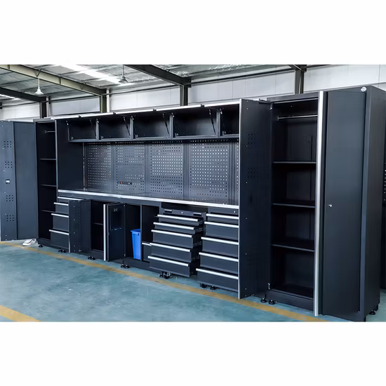 Proveedor de gabinetes de herramientas combinados de metal negro grandes Goldenline Garage Series