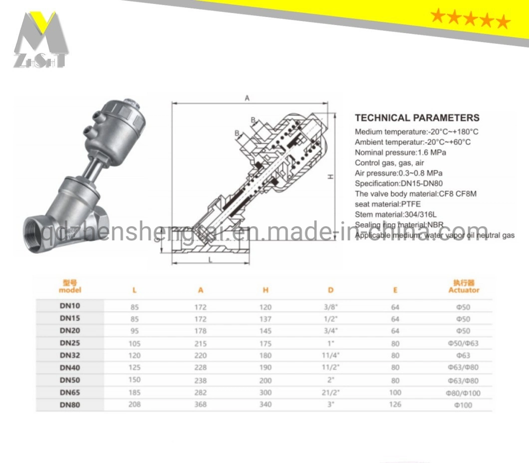 Stainless Steel Pneumatic Y-Type Threaded Normally Open/Normally Closed Steam Pneumatic Valve